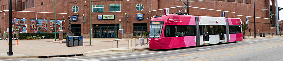 Redbud OKC Streetcar passing Dodger's Baseball Stadium.