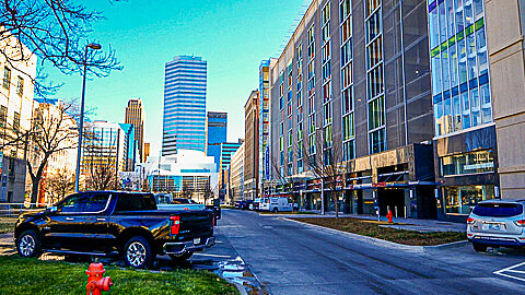 North side of Arts District Garage facing City Hall will skyline in background.